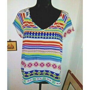 Womens BOHO Top CROCHET multicolor Sz L Aztec print back hole ARTSY USA LACE
